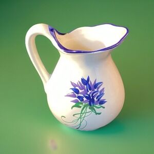 Blue and Purple Cornflower Pincushion Vintage Pitcher Vase Jug Ceramic Decor